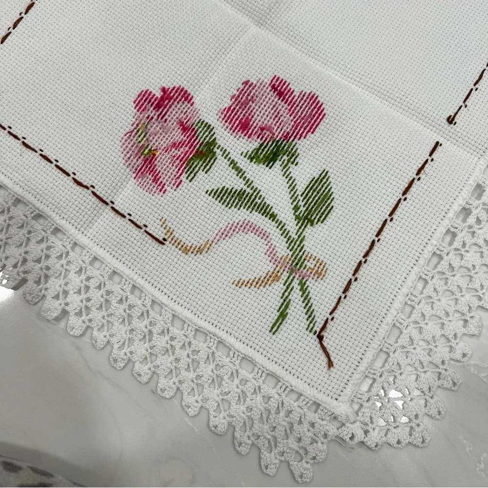 Hand made Floral Cross Stitch Embroidered Floral Accent with White Trim Cottage